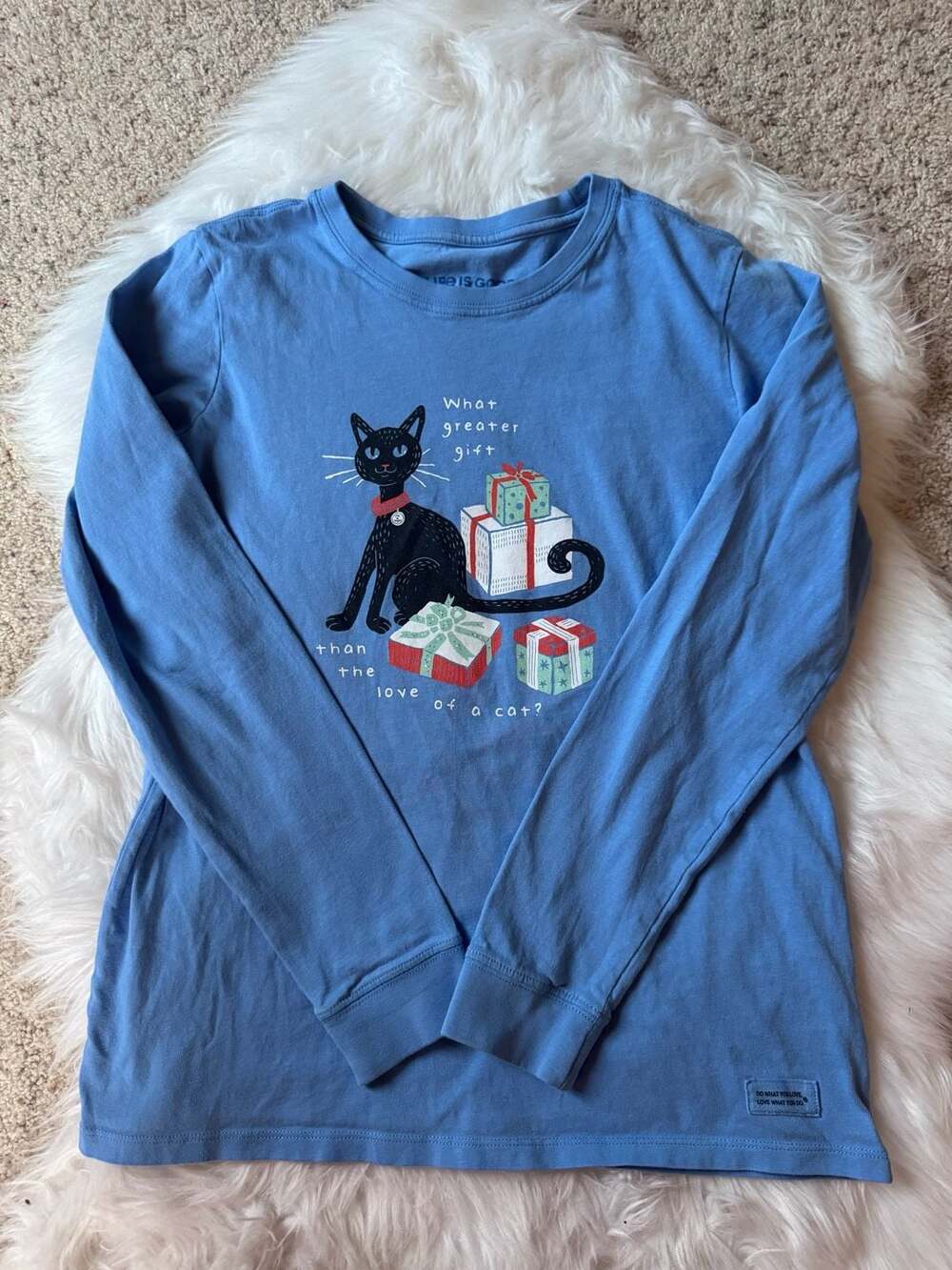 Life Is Good Sz S Long Sleeve Tee "What greater gift than the love of a cat?"